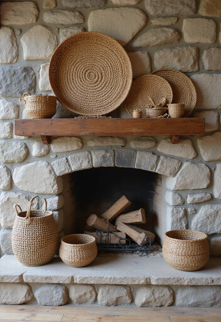 14 Stone Fireplace Mantel Decorating Ideas for Textured Classic Style 12. Stylish Baskets