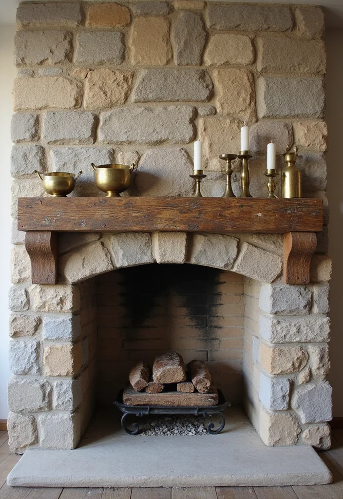 14 Stone Fireplace Mantel Decorating Ideas for Textured Classic Style 13. Metallic Accents