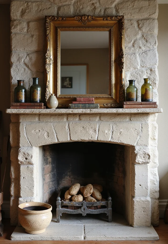 14 Stone Fireplace Mantel Decorating Ideas for Textured Classic Style 2. Vintage Finds Galore