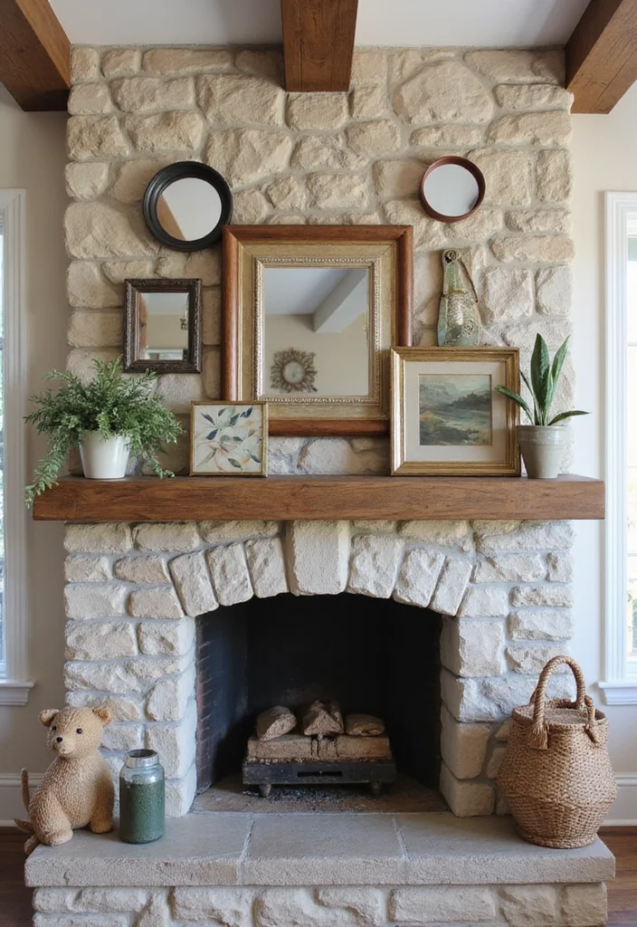 14 Stone Fireplace Mantel Decorating Ideas for Textured Classic Style 5. Artful Arrangements