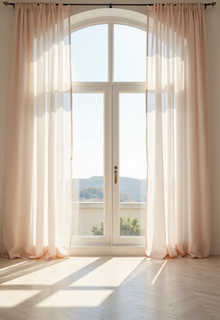 14 Vaulted Ceiling Curtain Ideas for Tall Elegant Windows 2. Sheer Panels for Soft Light